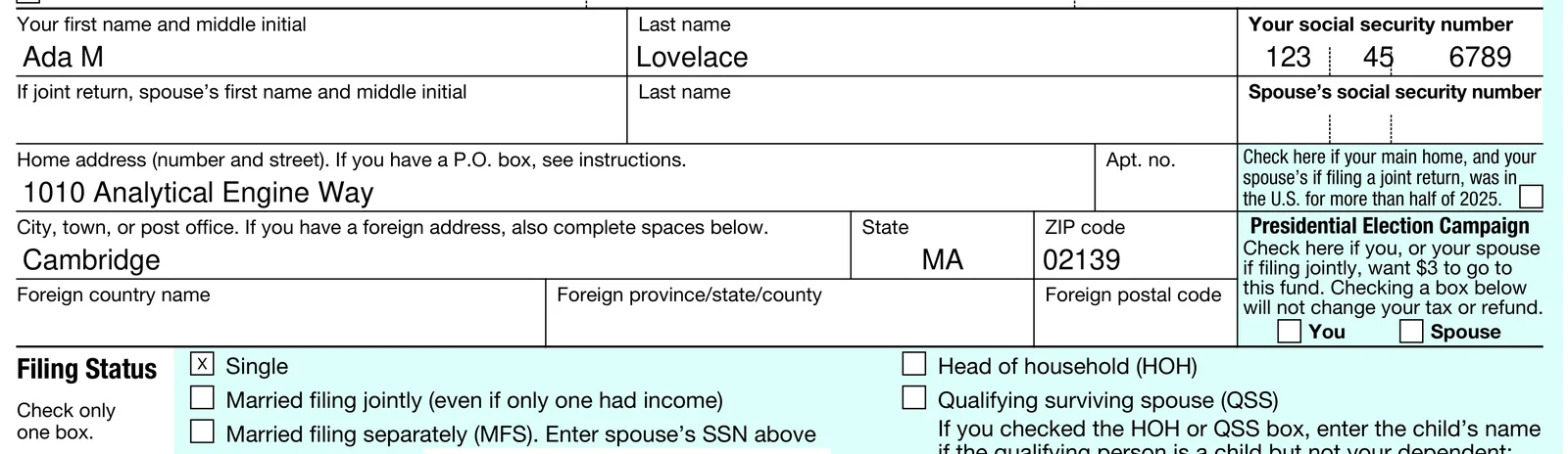 The top of a filled Form 1040: the SSN 123-45-6789 spread across three combed boxes, and an X in the Single checkbox under Filing Status.