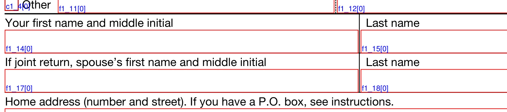 A section of Form 1040 with every input box outlined in red and labelled with its internal field id in small blue type: f1_14 in the first name box, f1_15 in the last name box, f1_17 and f1_18 on the spouse row.