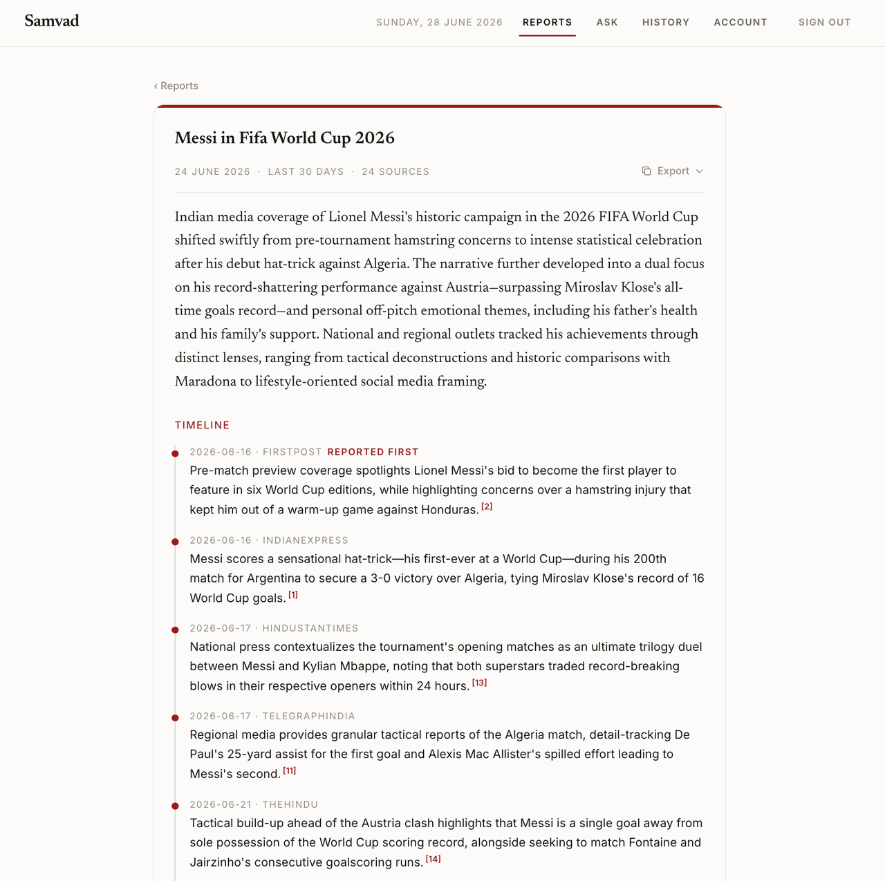 A Samvad Coverage Report: a cited timeline of how Indian outlets covered one story, with the outlet that reported each beat first and a source behind every line.