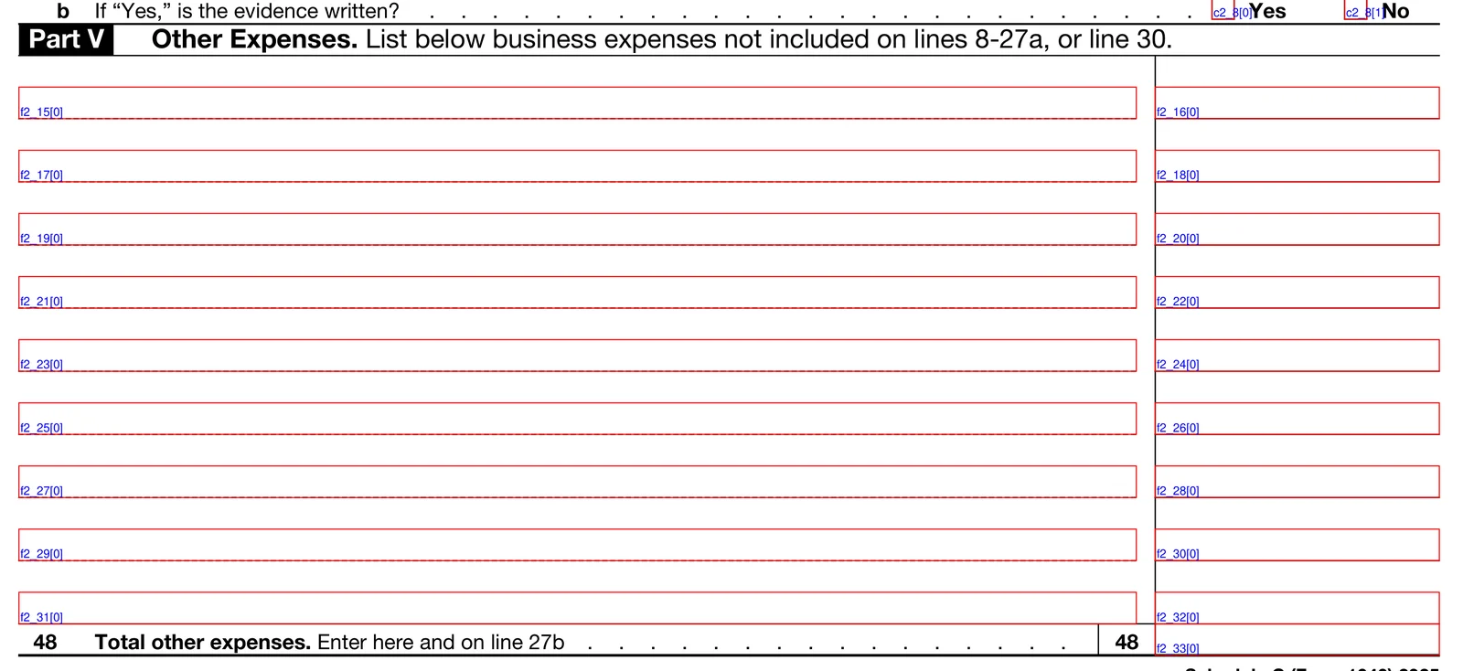 Part V of a blank Schedule C, Other Expenses, with all eighteen boxes outlined in red and labelled with their field ids: f2_15 through f2_32, description boxes down the left and amount boxes down the right.