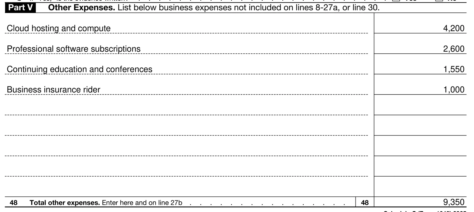 Part V of a filled Schedule C: four expense rows printed from an array, descriptions on the left and right-aligned amounts on the right, totalling 9,350.